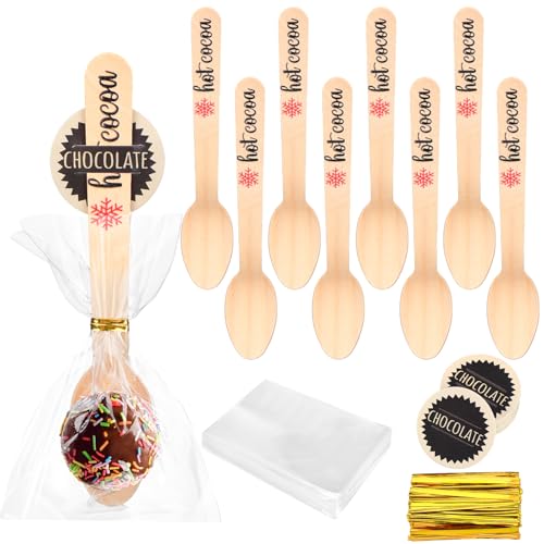 100 Set Christmas Disposable Wooden Spoons with Tag Bag Rope 5.5 Inches Christmas Hot Chocolate Spoons Red Stripes Candy Cane Wooden Stir Sticks for Tasting Cake Coffee Ice Cream Bar Supply