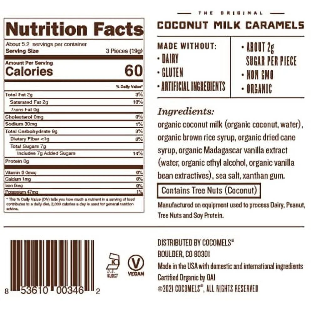Cocomels Vanilla Coconut Milk Caramels Organic Vegan Candy, Vanilla Flavor, Pack of 6