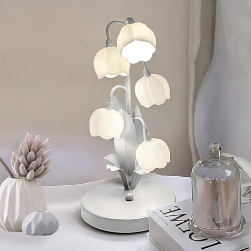 Green Flower Lamp for Home,Bedside Vintage Table Lamps,5 Lily of The Valley Reading Lights,3 Colors Modes Kawaii Bedside Lamp Decor,with G4 Bulb Nightstand Light for Living Room Office Bedroom