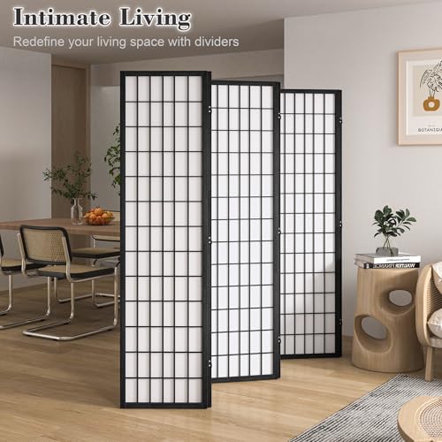 WelFurGeer 4 Panel Shoji Screen Room Divider, Folding Privacy Screens, Room Partitions and Dividers, Decorative Room Dividers, Wall Dividers for Room Separation, Japanese Room Divider for Home (Black)
