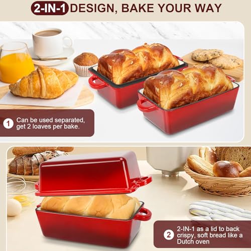 9x5 Inch Enameled Cast Iron Loaf Pan with Lid | 2 in 1 Homemade Sourdough Bread Baking Pan for Homemade Bread, Cake, Meatloaf | Durable 2 Piece Set, Red color