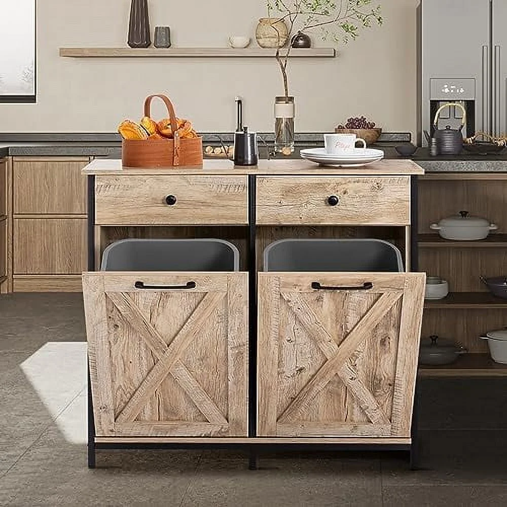 YPZBBOOM Double Barn Door Style Trash Cabinet  Double Tilt Out Trash Cabinet with Solid Hideaway Drawer Rustic Kitchen Trash Cabinet Free Standing Wooden Kitchen Recycling Cabinet  Holder