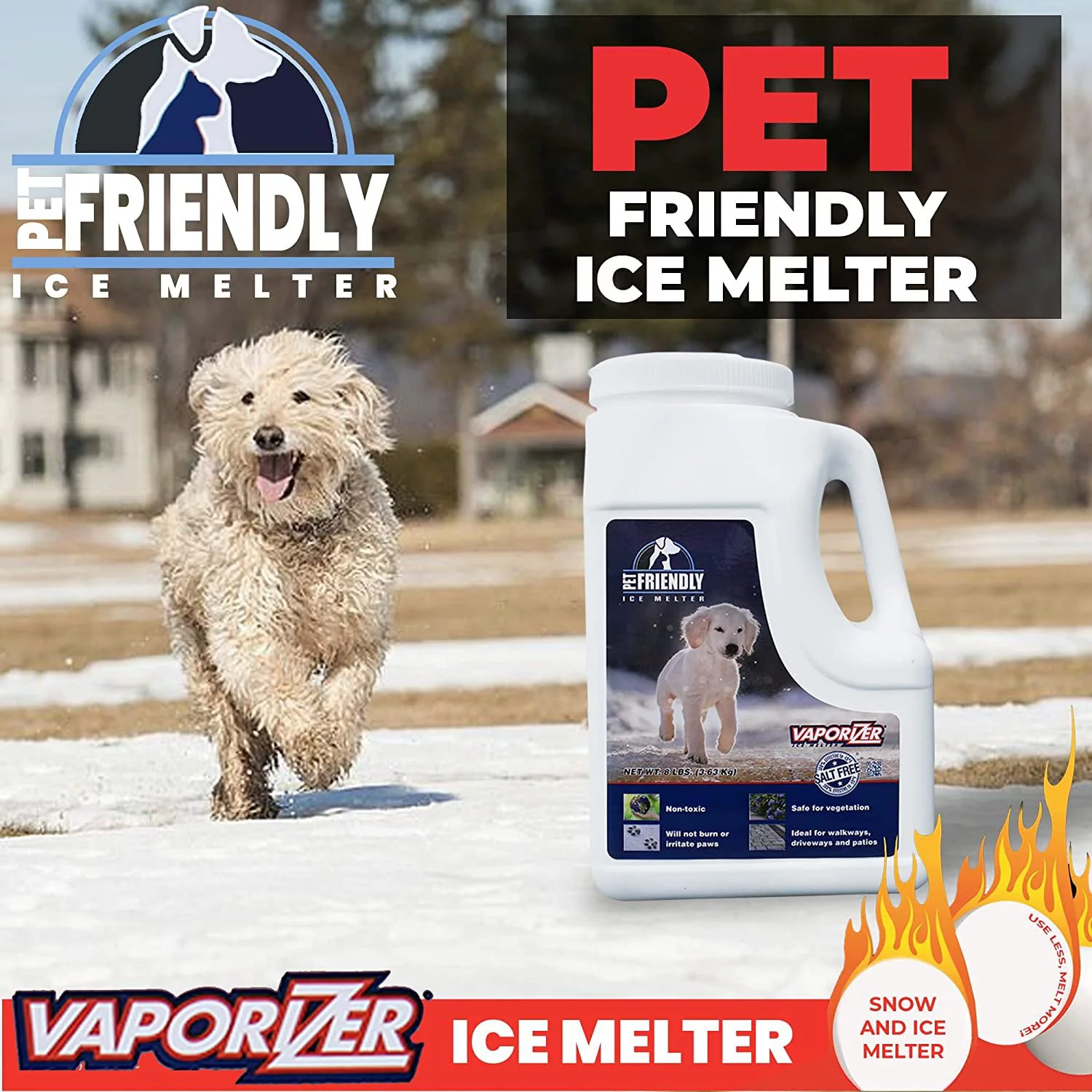 Snow & Ice Melter Pet Safe & Paws 100% Salt Free - Safe for Dogs & Cats - Effective to -25F 8lb Shaker Jug