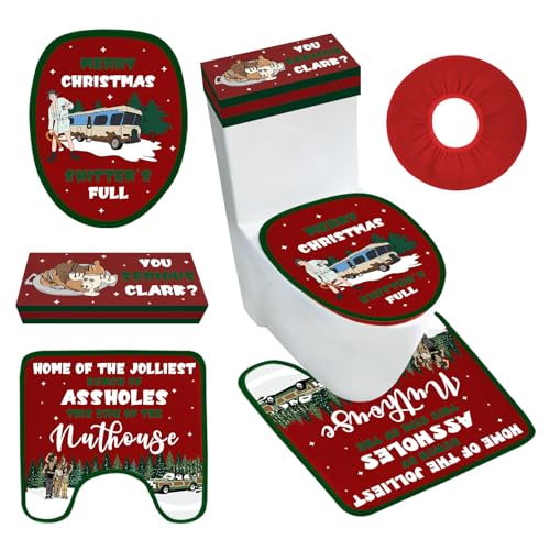 National Lampoons Christmas Vacation Bathroom Decorations, Set of 4 Holiday Toilet Seat Cover Sets with Toilet Lid Cover Toilet Seat Cover Rug Tank Cover, Griswold Family Christmas Vacation Merch Gift