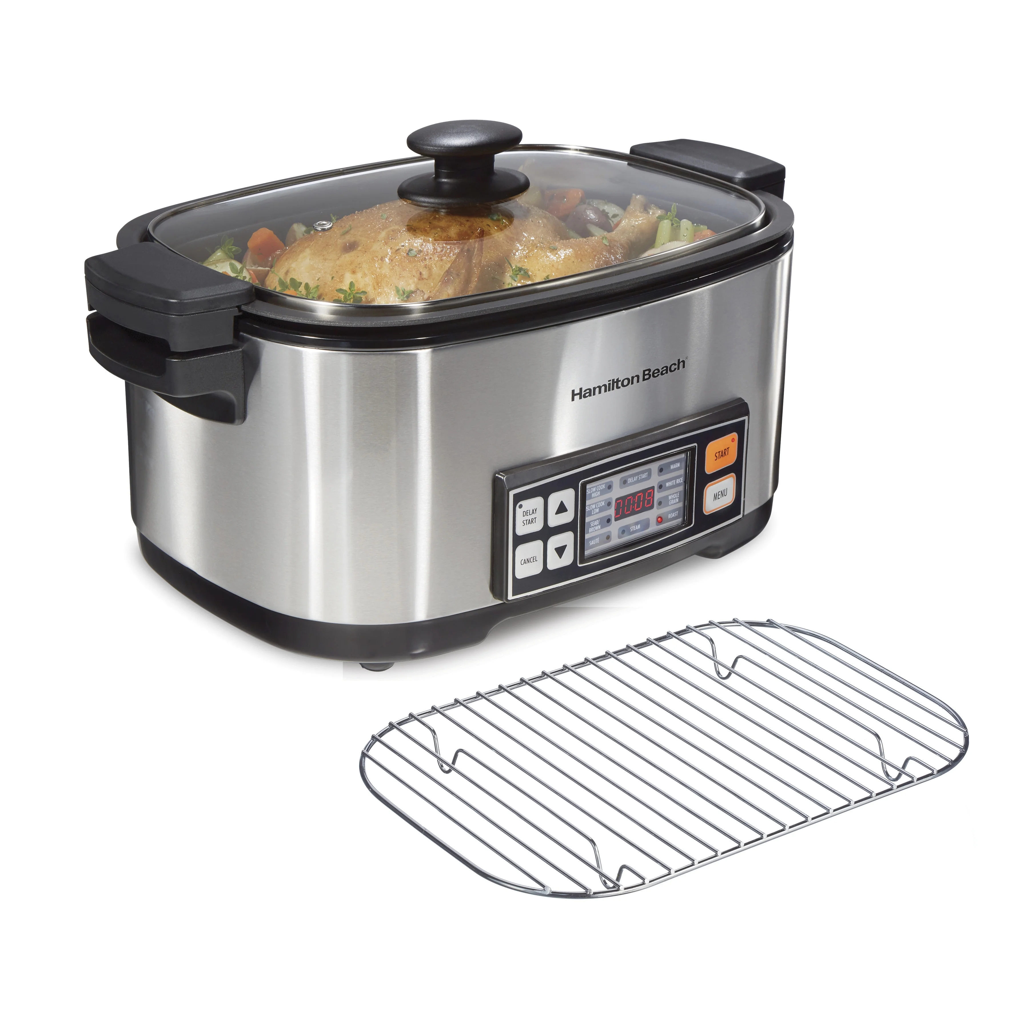 Hamilton Beach 9-in-1 Multicooker, 6 Quart Capacity, Slow Cooker, Sauté, Sear, Steam, Rice, Nonstick, Stainless Steel, 33065