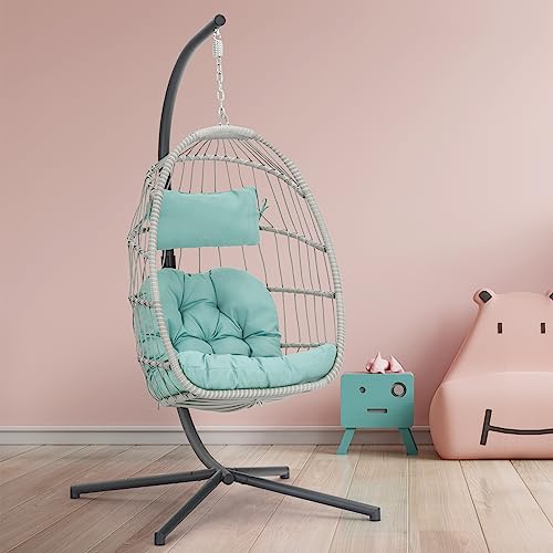 Brafab Hanging Egg Chair with Stand and Footrest, Wicker Egg Swing Chair Indoor Outdoor Aluminum-Steel Frame and UV Resistant Cushion, Patio Lounge Hammock Chairs for Bedroom 370LBS Capacity, Begie