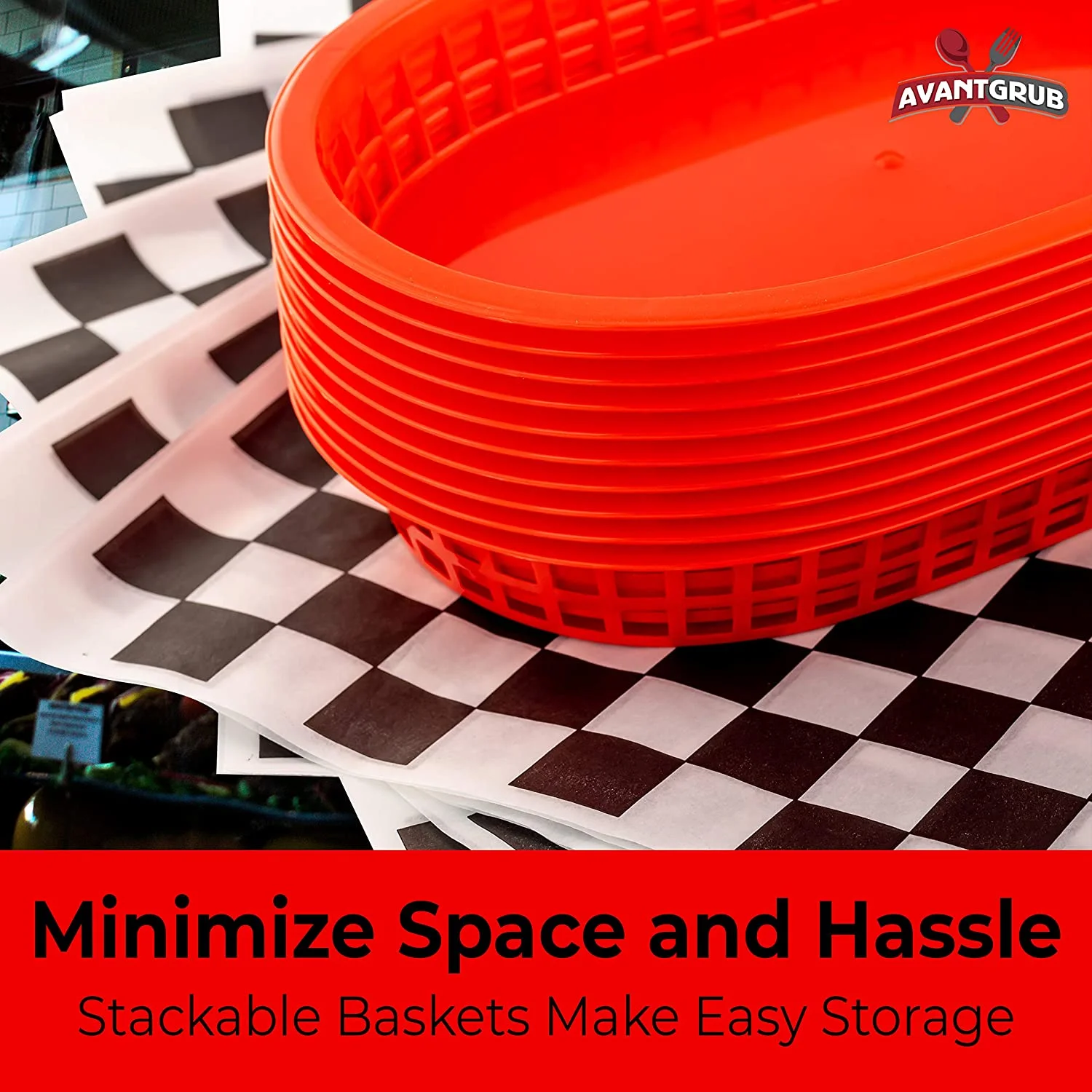 Avant Grub Red Fast Food Basket (12-Ct) with Black Checkered Deli Paper (120-Ct)