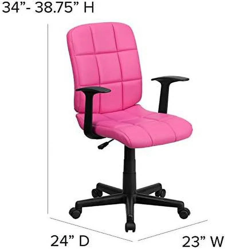 TJUNBOLIFE Mid-Back Pink Quilted Vinyl Swivel Task Office Chair with Arms