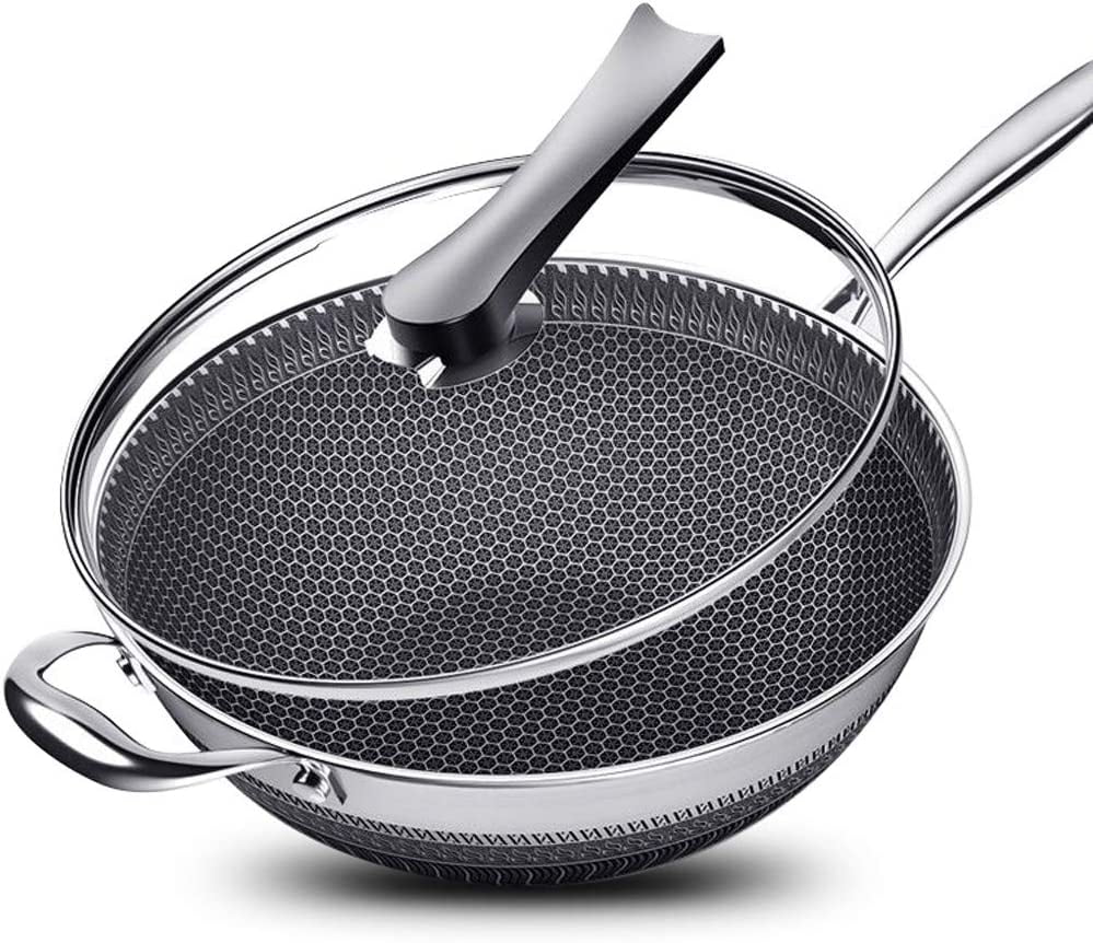 MIDUO Stainless Steel Non Stick Double Sided Honeycomb Cooking Frying Pan w/ Glass Lid