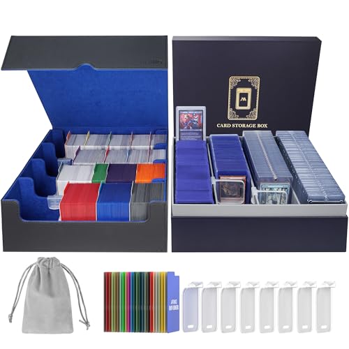 AFIING Trading Card Storage Box, MTG Deck Box with 48 Dividers & Supporters, Commander Card Deck Case Fits for Magic Game Cards, YugiOh, TCG, baseball and Sport Cards, Black Blue 3200+