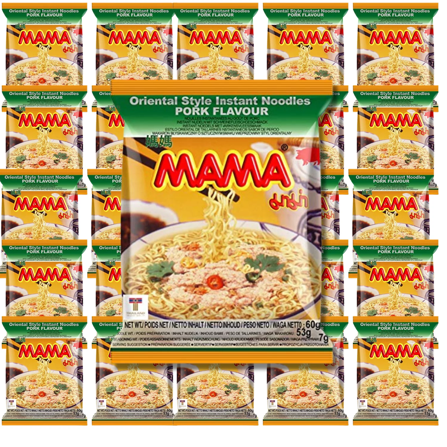 MAMA Noodles Pork Instant Noodles with Delicious Thai Flavors, Hot And Spicy Noodles with Pork Soup Base, No Trans Fat with Fewer Calories Than Deep Fried Noodles Pork Flavor 2.12 oz / 60g (30 Packs)