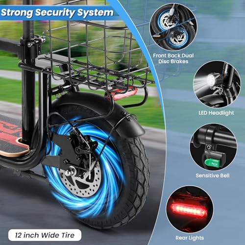 Caroma Peak 500W/800W/1200W Electric Scooter with Seat, 30 Miles Max Range Electric Scooter Adults&Teens, 48V Large Battery, 20MPH Top Speed Foldable Ebike, Adjustable E-Bike with Basket&Kid Seat