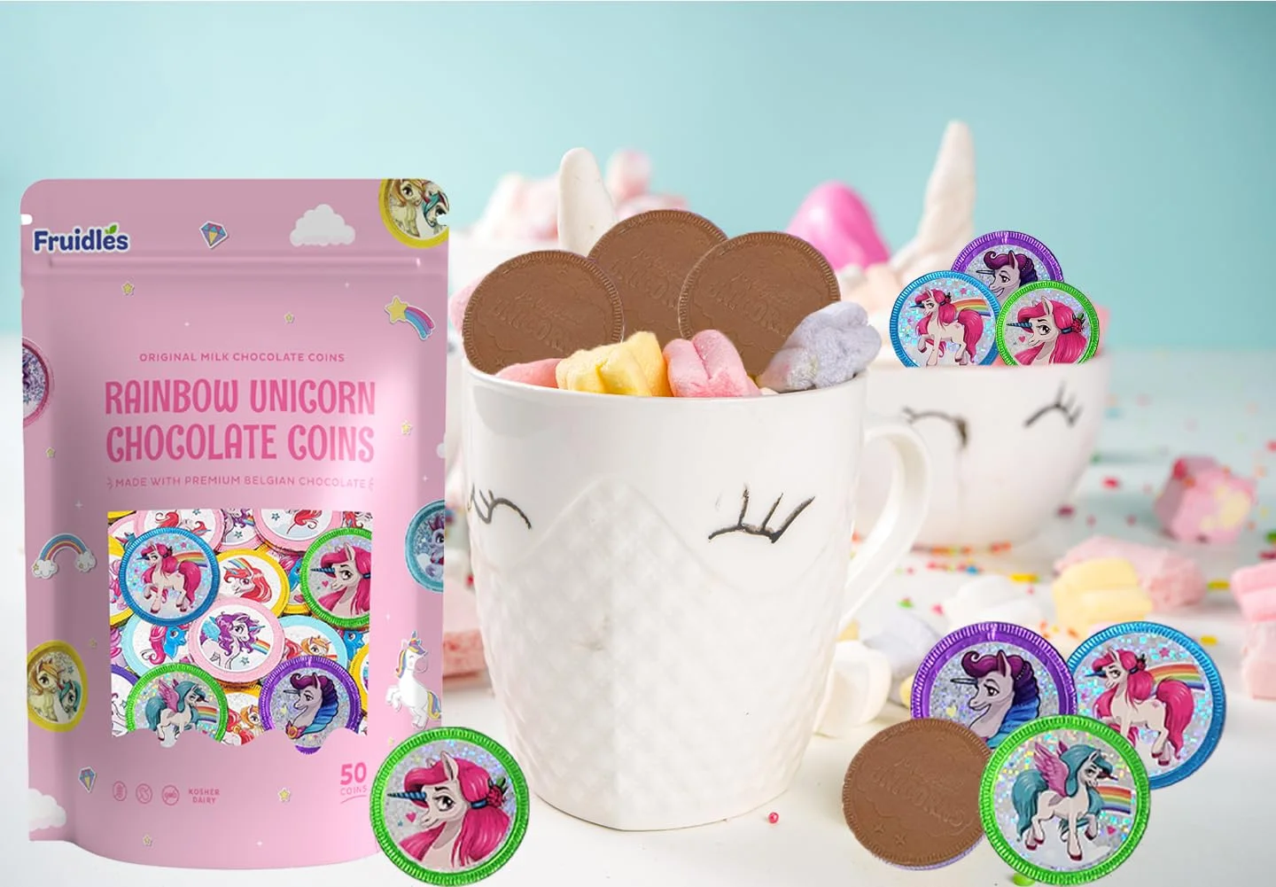 Rainbow Unicorn Chocolate Coins With Stickers, Milk Chocolate Coins In Foil, Chocolates Kosher Certified (50 Pack)
