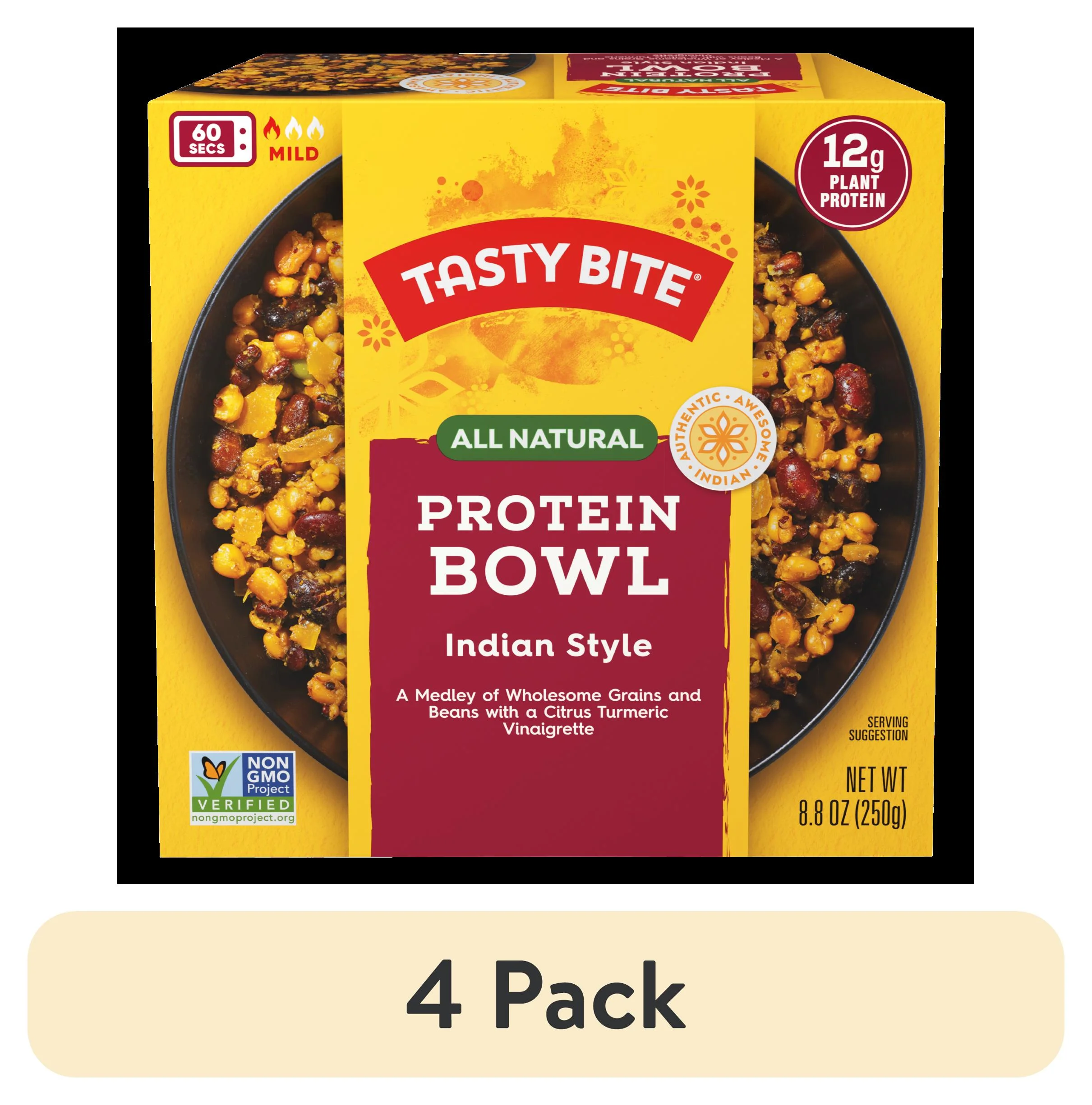 (4 pack) Tasty Bite All Natural Indian Plant Based Protein Bowl, Shelf Stable, 8.8 oz