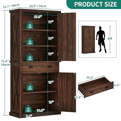 YITAHOME 72'' Tall Kitchen Pantry Cabinets, Farmhouse Storage Cabinets with Barn Doors, Drawer ＆ Adjustable Shelves, Rustic Wood Cupboard for Dining Room, Living Room, Dark Rustic