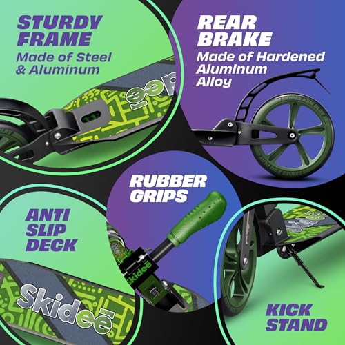 Skidee Adult & Teen Scooter Adjustable Height, Folding, Large Wheels, Lightweight, Durable, Anti-Shock Suspension, Up to 220 lbs