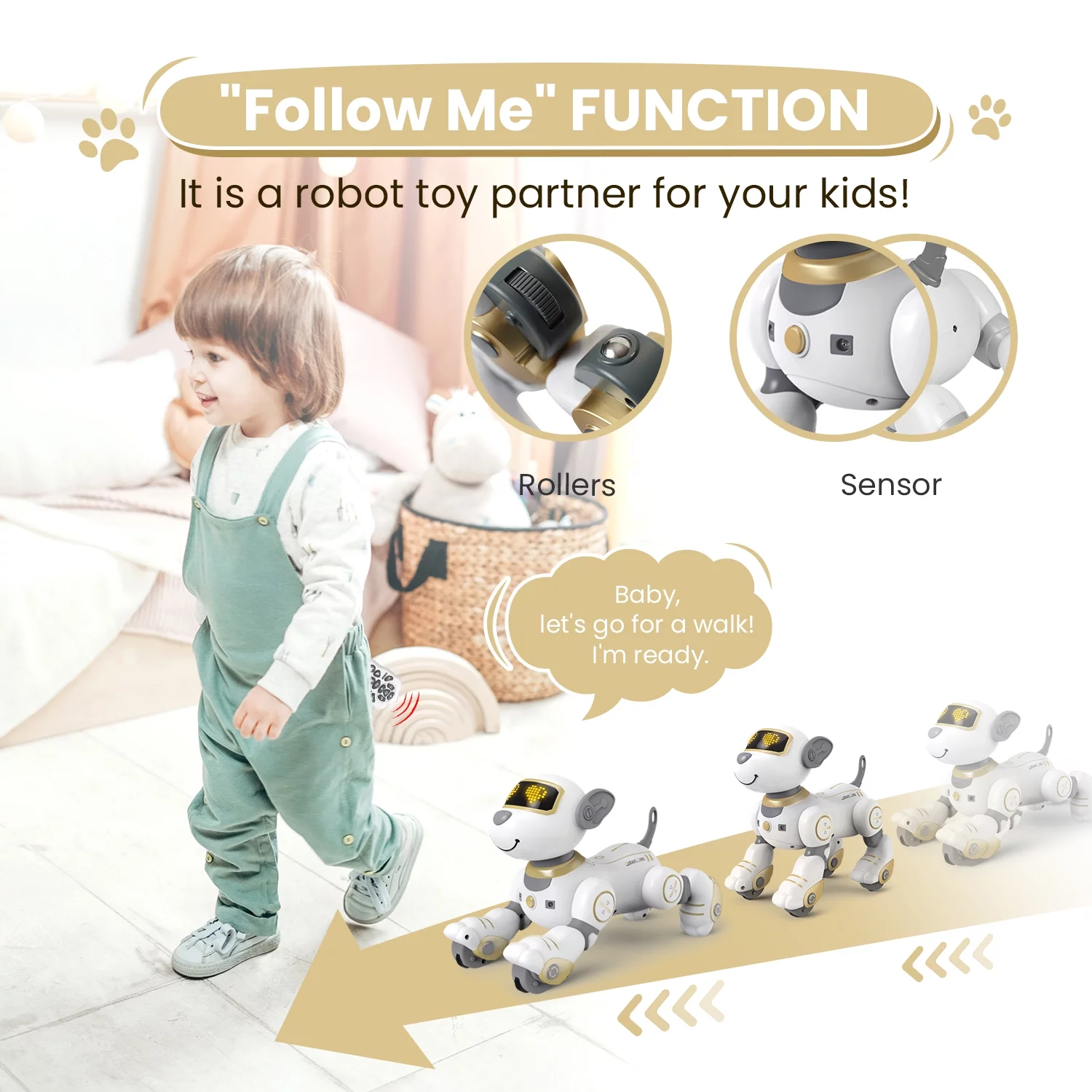 FUUY Remote Control Dog for Kids Gold Robot Dog That Acts Like a Real Dog Interactive Robot Pet Follow Me Robotics Toys Intelligent Robo Dog Programmable Sing and Dance Design Birthday Gifts