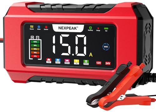 NEXPEAK NC215 15-Amp Battery Charger, 12V 24V LiFePO4 Lead Acid Portable Car Battery Charger 9-Stage Trickle Charger Smart Battery Maintainer w/Temp Compensation for Car Truck Lawn Mower Boat Marine