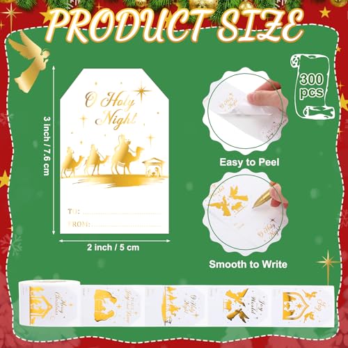 Containlol 300 Pcs Christmas Gift Stickers Nativity White Gold Name Tags Xmas Self Adhesive Label Stickers Roll Christmas Birth of Christ Religious Foil Labels Xmas Winter Holiday Party Decor Supplies