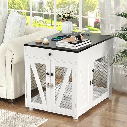 VOWNER Dog Crate Furniture, Wooden Dog Kennel End Table with USB Charging Station, Storage Drawer, Double Latched Door, Furniture-Style Crate Side Table for Small Dogs Under 25 lbs Indoor Use, White