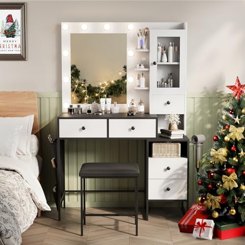 Makeup Vanity Desk with Mirror and 10 Lights, 3-Colour Hollywood Brighter Bulbs, Vanity Table Set with Large Drawers and and Charging Station for Bedroom Dressing Room White