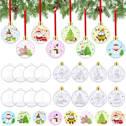 24 Sets Christmas Ornament Making Kit Xmas DIY Coloring Craft Color Your Own Plastic Bulb Double Sided for Christmas Tree Hanging Decorating Home Activities Winter Party Supplies (Classic)