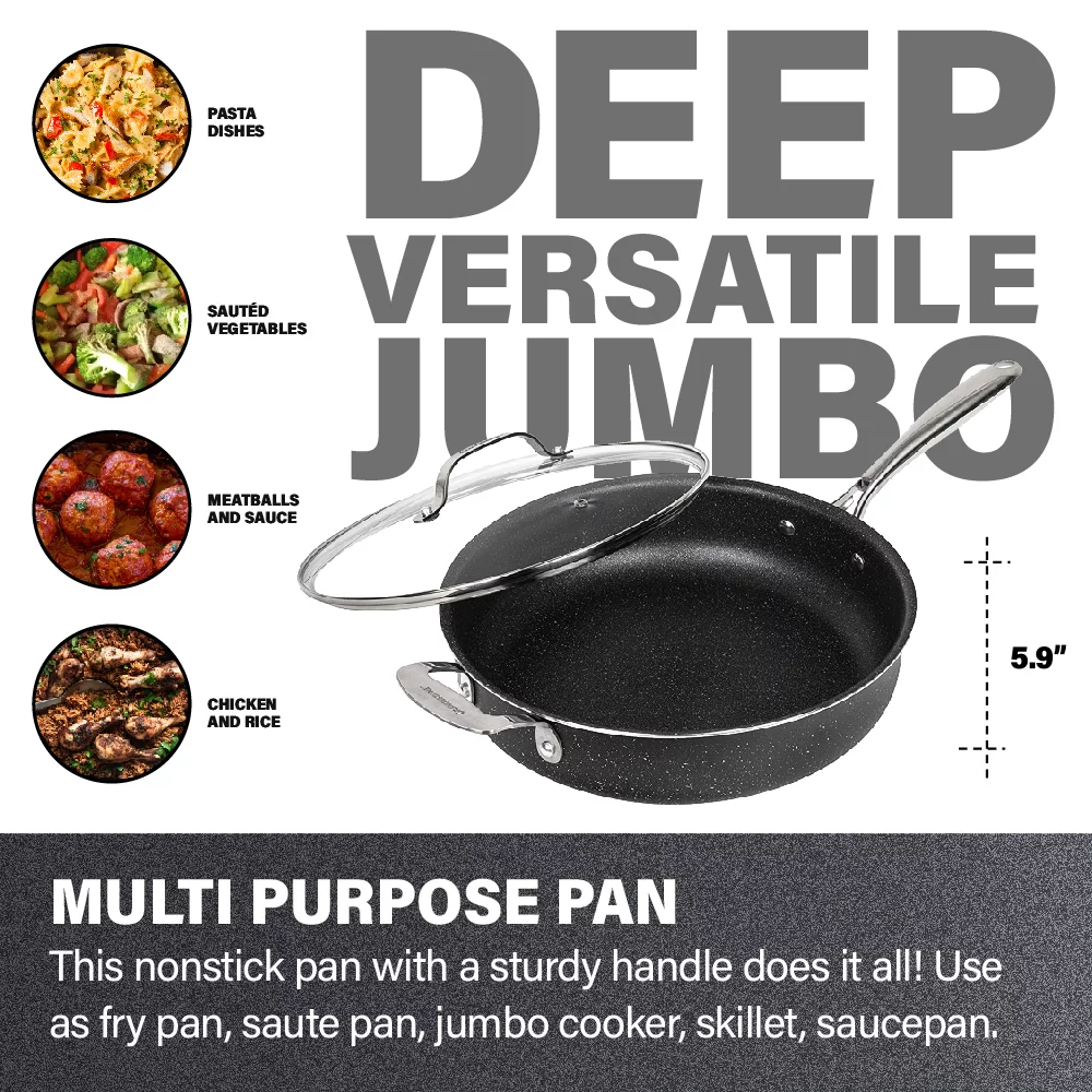 Granitestone Jumbo Cooker with Lid, Nonstick Triple Coated Surface, Family Sized Open Skillet with Stainless Steel Stay Cool & Helper Handle, Oven and Dishwasher Safe