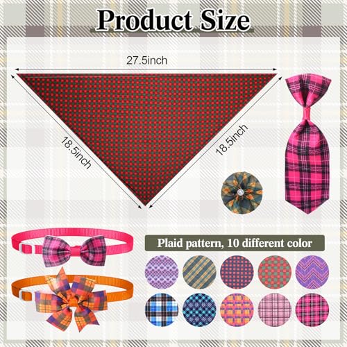 Hosuly 50 Pcs Plaid Dog Bandana Collar Set Include 10 Bow Tie 10 Necktie Collar 10 Pet Scarf 10 Bow Flowers 10 Hexagonal Bowtie Cat Dog Grooming Accessories for Festival Photography