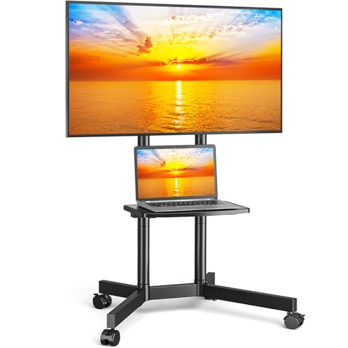 YOMT Portable Rolling TV Stand for 32-75 inch TVs, Height Adjustable Mobile TV Cart with Locking Casters, Heavy Duty Universal TV Stand On Wheels with Removable Shelf for Living Room, Bedroom, Office