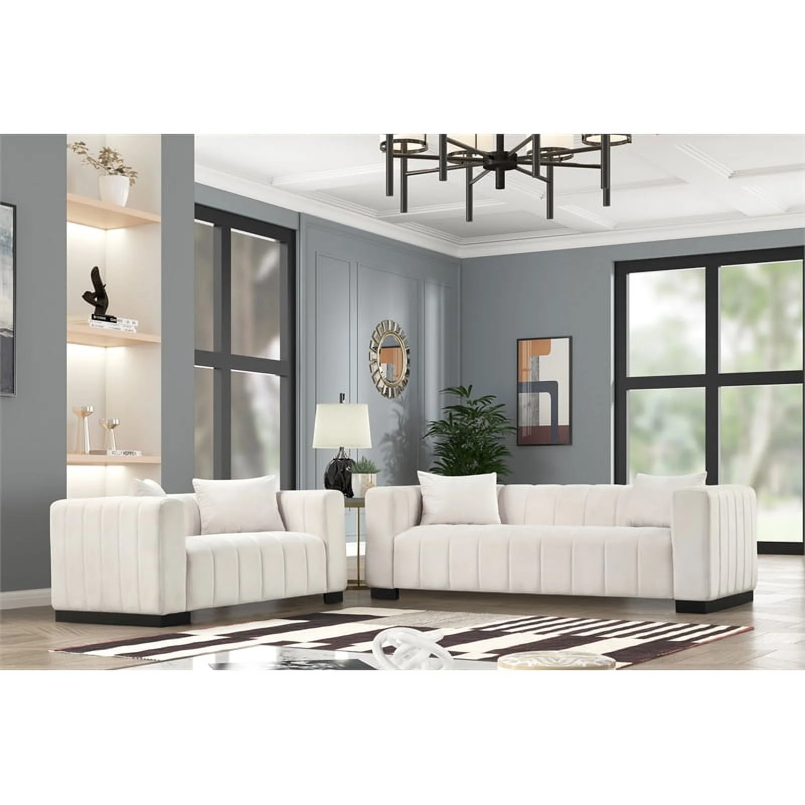 Rnfurnishings 2-Piece Living Room Furniture Velvet Sofa+Loveseat Set-Half white