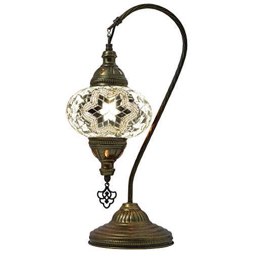 mozaist Turkish Lamp, Swan Neck Mosaic Table Lamp, Moroccan Decorative Glass Antique Bohemian Vintage Lamp Shade, Tiffany Desk Bedside Stained Glass Lamp with US Plug and E12 Socket