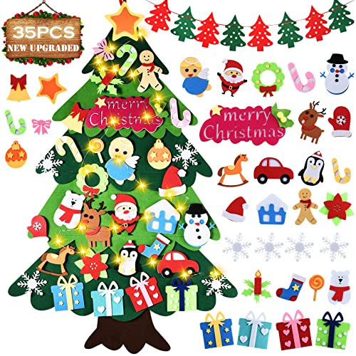 DIY Felt Christmas Tree 35 Pcs Xmas Decorations with Banner Snowflake Snowman Reindeer Candy Crutch Wall Hanging Christmas Decoration Gift for Kids Christmas New Year Party Favors