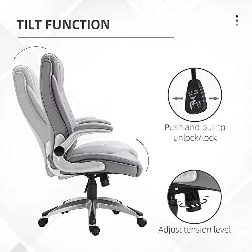 High Back 360° Swivel Ergonomic Home Office Chair With Up Arms, Faux Leather Computer Desk Rocking Chair, Grey