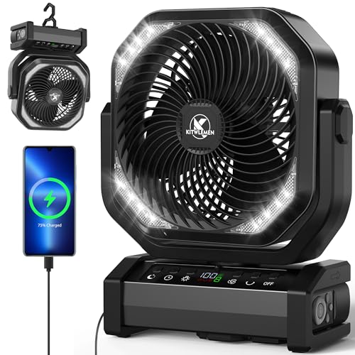 Camping Fan with Light - 20000mAh Rechargeable Battery Fan, 112Hrs Max Run Time, 8 Speeds, Digital Display, Timer, Auto Oscillation, 270° Pivot & Hook for Camping, Power Outage, Hurricane (Army Green)
