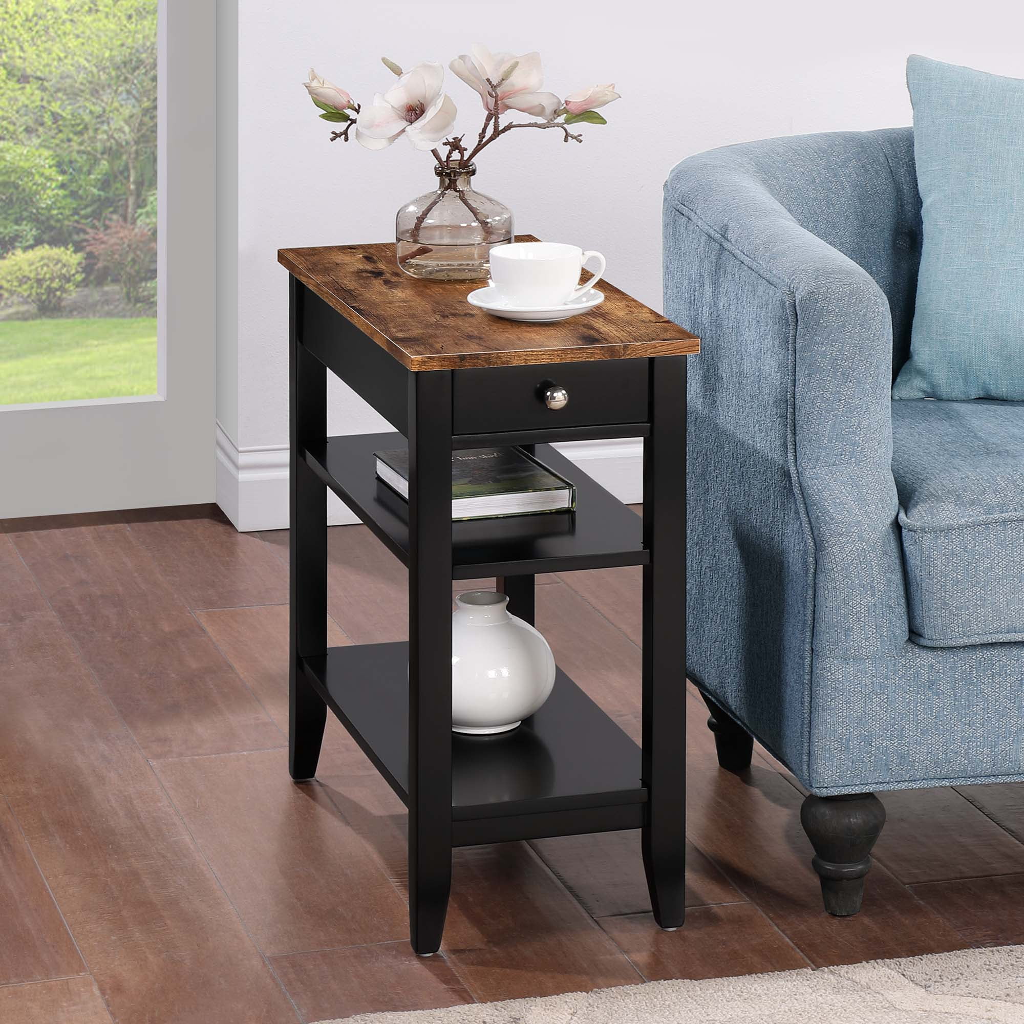 Convenience Concepts American Heritage 1 Drawer Chairside End Table with Shelves, Barnwood/Black