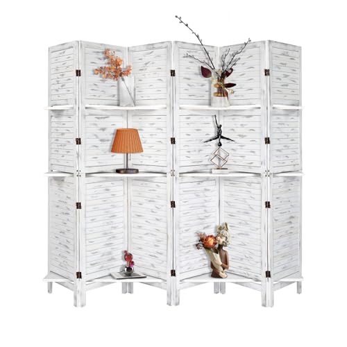 Bonnlo 6 Panels Wood Room Divider with Shelves, 6 FT Height Folding Privacy Screens, Indoor Freestanding Room Partition Wall Divider, Hinged Space Separator (Natural, 6 Panel)