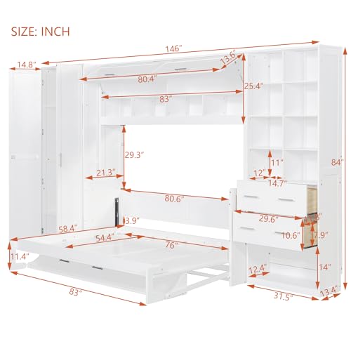 Merax Murphy Bed Queen with Wardrobe, Queen Size Wall Murphy Bed with 5 Drawers and Storage Shelves, No Box Spring Needed, Gray