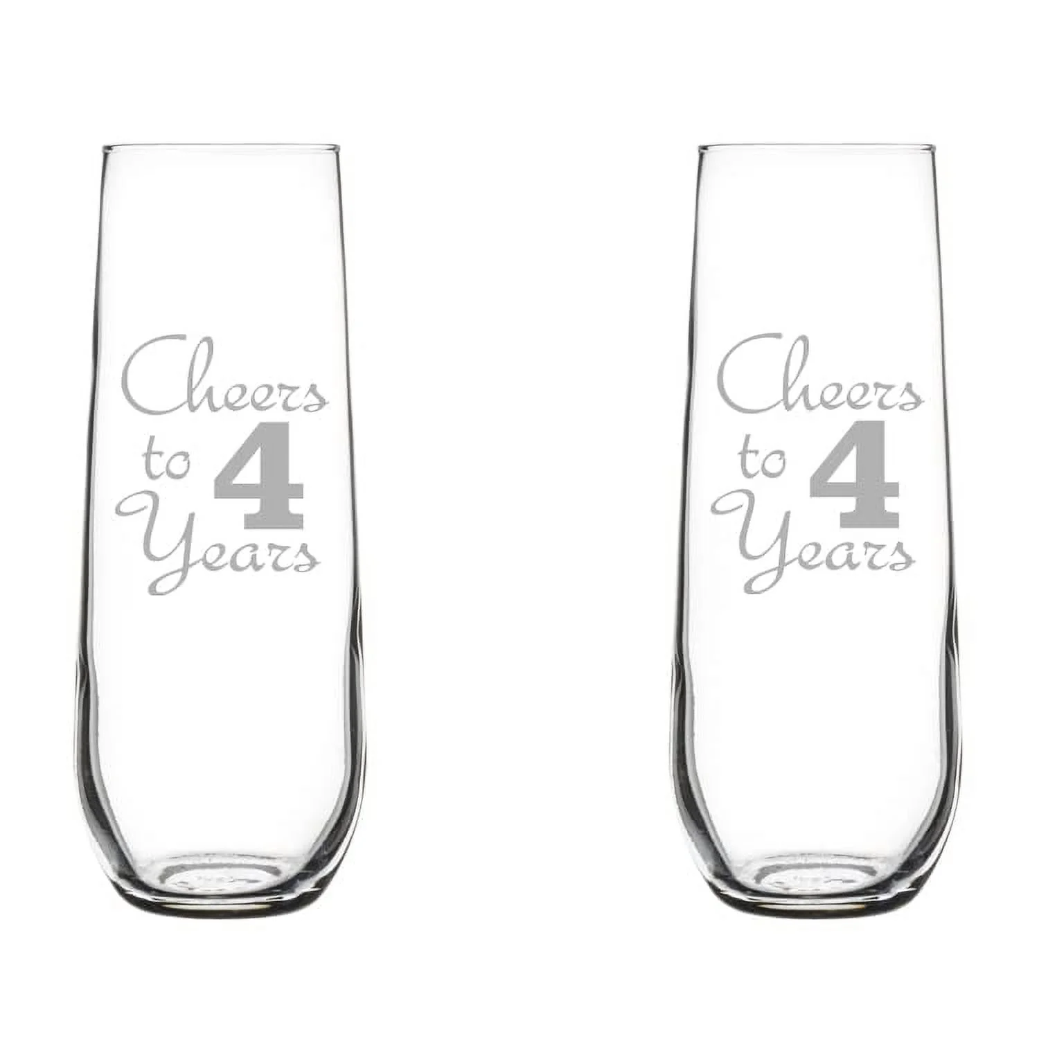 Set of 2 Glass Champagne Flutes Sparkling Wine Glasses Anniversary Cheers 4 Years (8.5 oz Stemless)