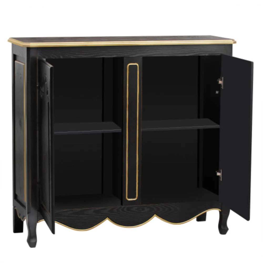 Accent Storage Cabinet with 2 Doors,Pure Hand Drawn,Solid Wood Legs,Suitable for living room, study and Entryway Black + Solid Wood+MDF