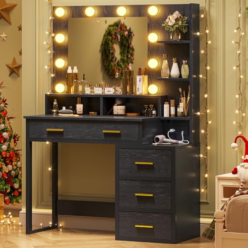 Tiptiper Vintage Makeup Vanity with Lights in 3 Colors, Vanity Table with Charging Station of 2 USB Ports and Outlets, Vanity Desk with Large Mirror, Drawers and Shelves, Rustic Brown and Black
