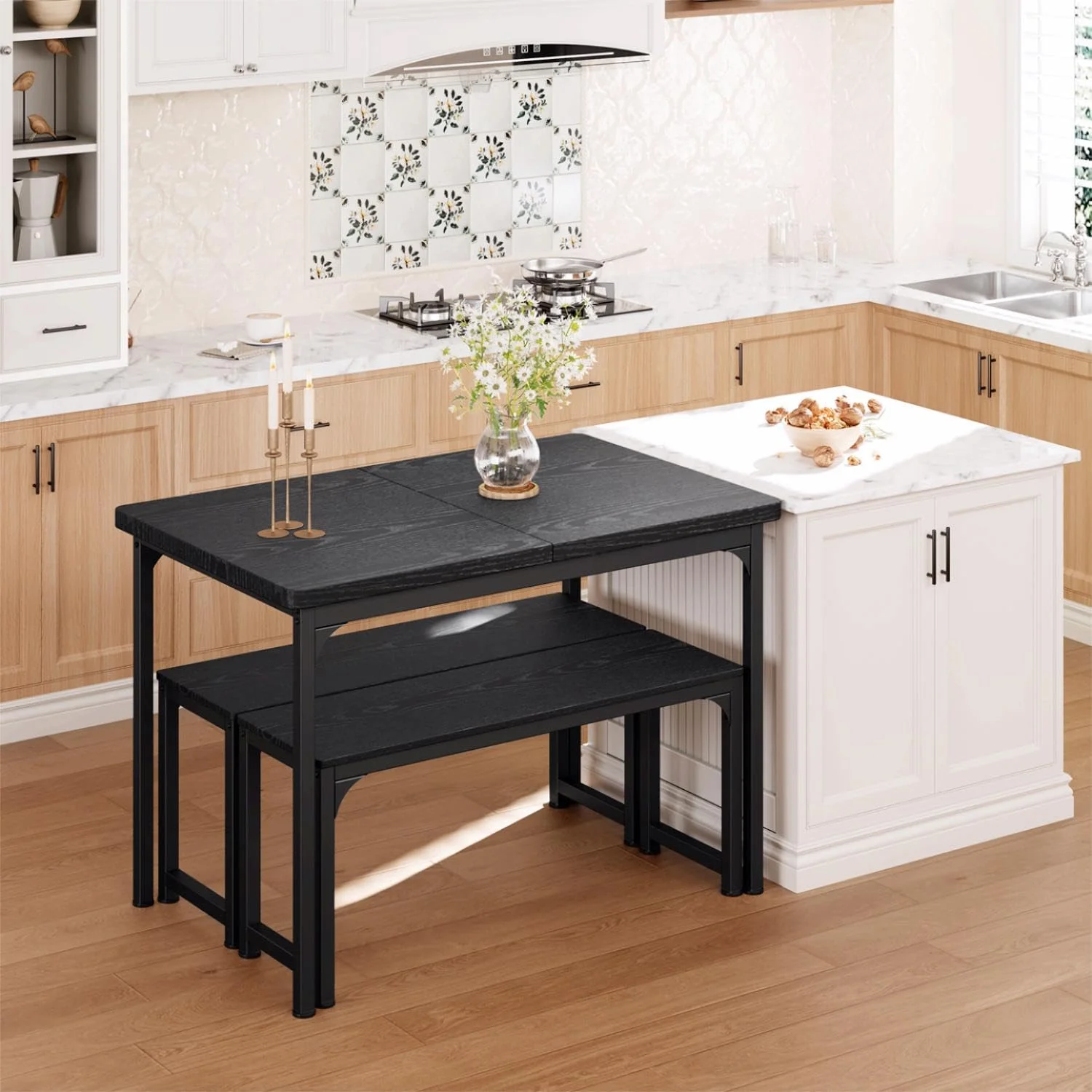 Dining Table Set For 4 To 6, Extendable Kitchen Table Set With 2 Benches, Ideal For Small Spaces And Apartment Dining Gatherings, Black