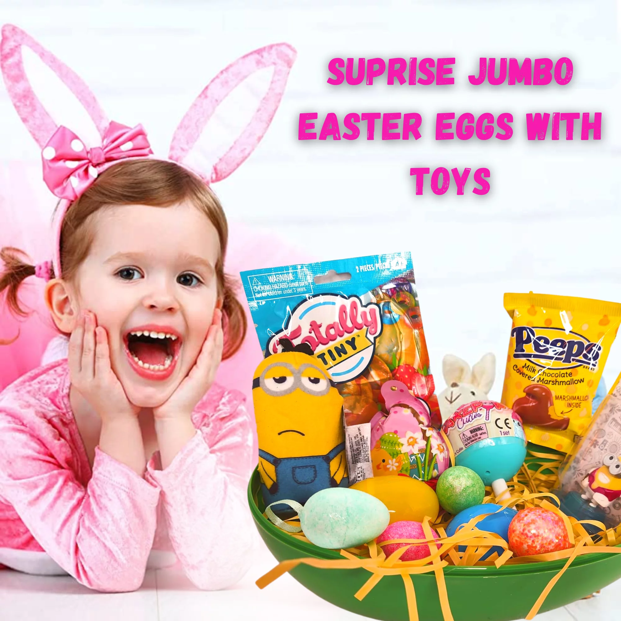 Happy Easter Basket Pre-Filled Surprise Jumbo Egg with Minions Plush Toy Kiddy Dough Figure Eggs Candies Gifts & Reusable Plastic Egg-Shaped Container Kids Spring Party Favors ( Contents May Vary)