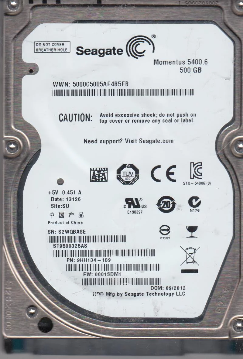 ST9500325AS, S2W, SU, PN 9HH134-189, FW 0001SDM1, Seagate 500GB SATA 2.5 Hard Drive