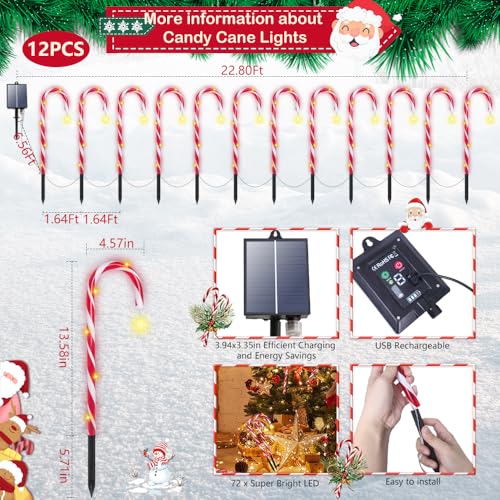 Candy Cane Christmas Lights, 12 Pack Waterproof Christmas Solar Candy Cane Lights with 8 Modes and Timer, 1200mah Solar Candy Canes Light Outdoor Decorations for Pathway, Yard, Patio, Garden