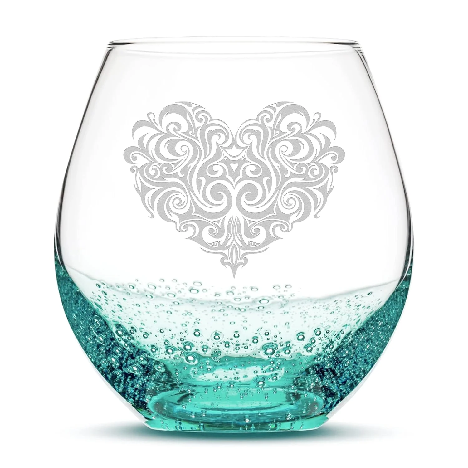 Tribal Heart Design Stemless Wine Glass, Handmade, Handblown, Hand Etched Gifts, Sand Carved, 18Oz (Bubble Sea Foam Green)