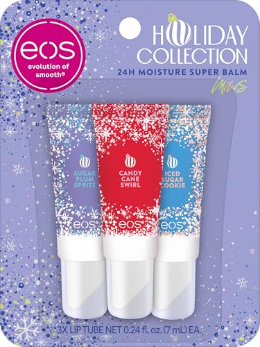 eos Holiday 24H Moisture Mini Super Balm Set, Sugar Plum Spritz, Candy Cane Swirl, Iced Sugar Cookie, Limited Edition Lip Care, Stocking Stuffers, 0.24 fl oz, 3-pack