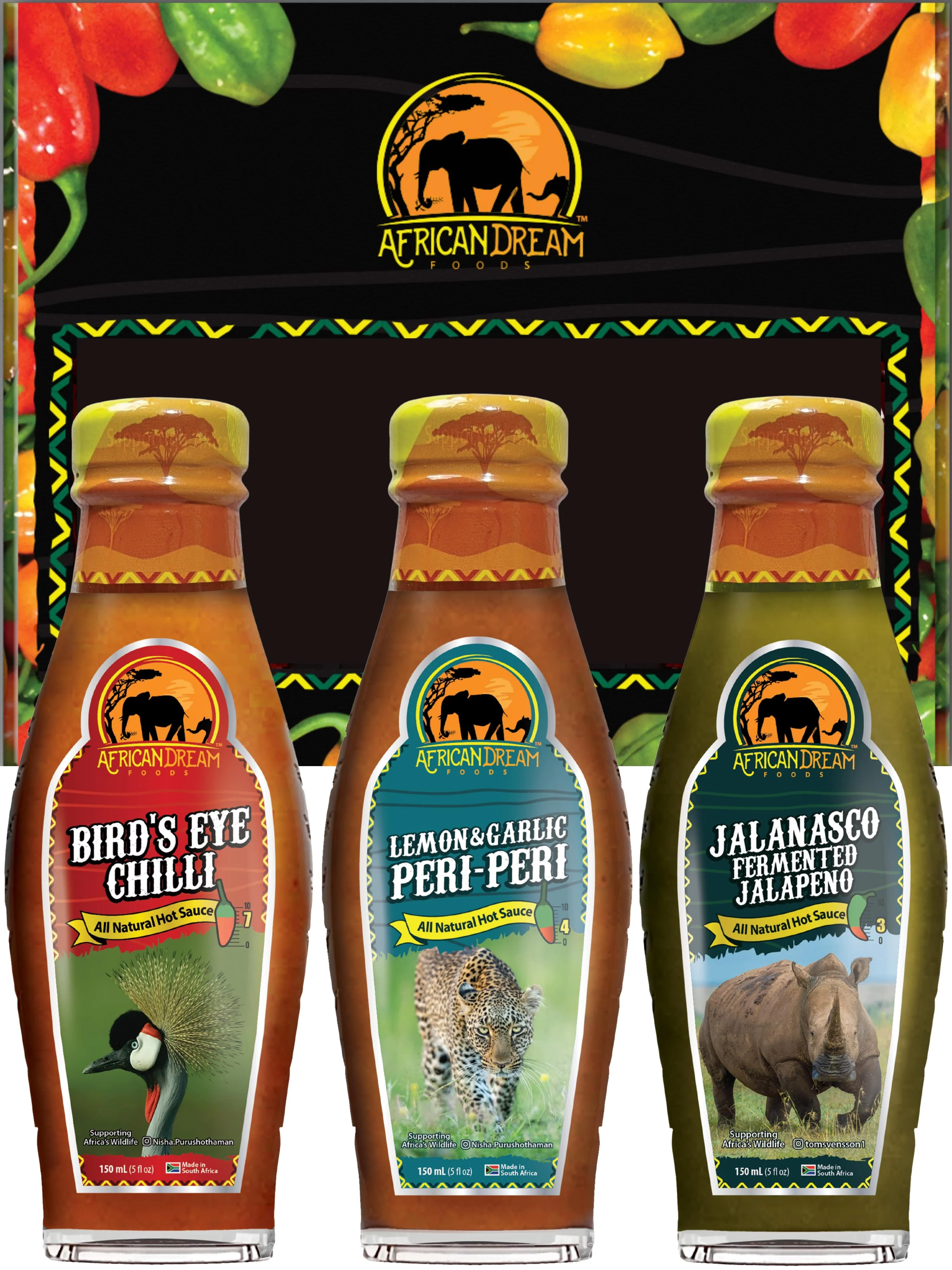 African Dream Foods Mild to Spicy Sauce Gift Pack - Jalanasco - Fermented Jalapeno, Lemon & Garlic Peri-Peri, Bird’s Eye Chili | 5 fl oz Bottles, 3PK