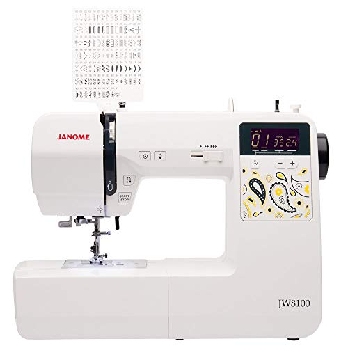 Janome JW8100 Fully-Featured Computerized Sewing Machine with 100 Stitches, 7 Buttonholes, Hard Cover, Extension Table and 22 Accessories