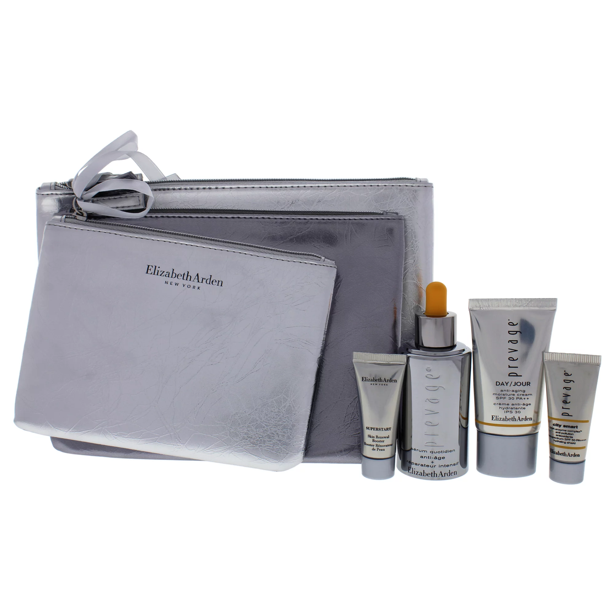 Prevage Intensive Repair Anti-Aging Solution Set by Elizabeth Arden for Unisex - 3 Pc 1oz Daily Serum, 15ml Moisture Cream SPF 30 , 5ml City Smart SPF 50, 5ml Superstart Skin Renewal Booster, 3 Bags