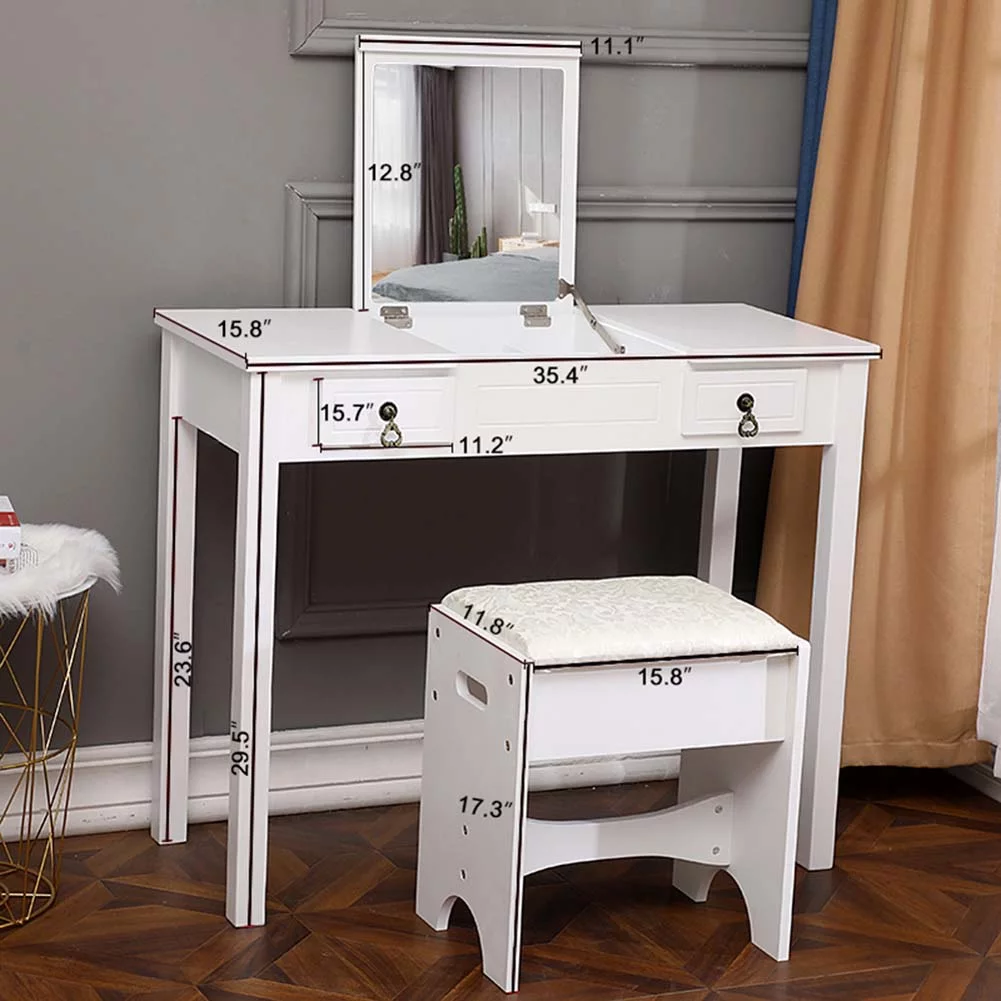 Topcobe Vanity Table Set with Mirror for Girls, 2 Drawers Makeup Table with Removable Desk Makeup Organizer, White Bedroom Dressing Table with Vanity Stool